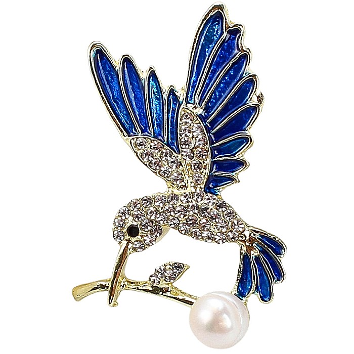 Brosa Blue Hummingbird cu Perla Naturala