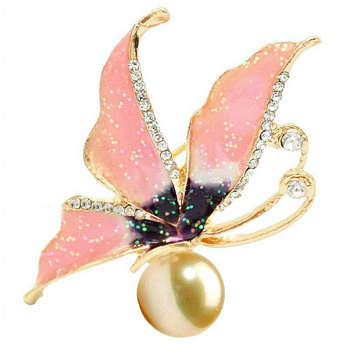 Brosa Fluture Roz cu Perla Naturala Crem