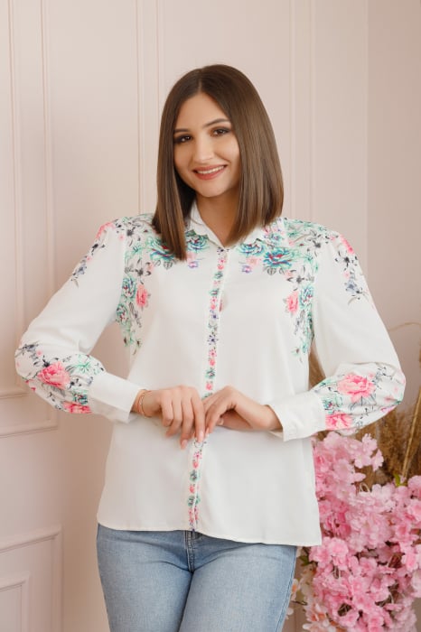 Camasa alba Felicity cu imprimeuri florale turcoaz
