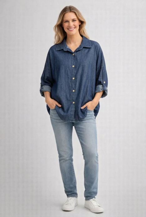 Camasa albastra din bumbac tip denim, croi lejer, stil casual modern