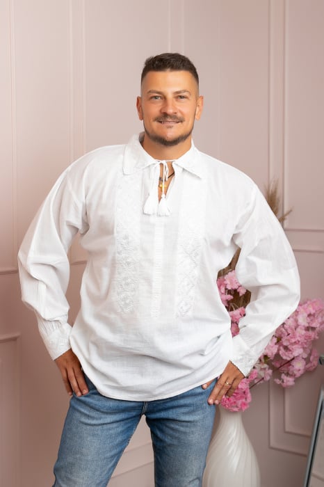 Camasa barbateasca traditionala alba cu motiv floral alb Aurelian