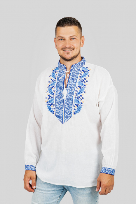 Camasa barbateasca traditionala alba cu motiv floral albastru Dominic 02