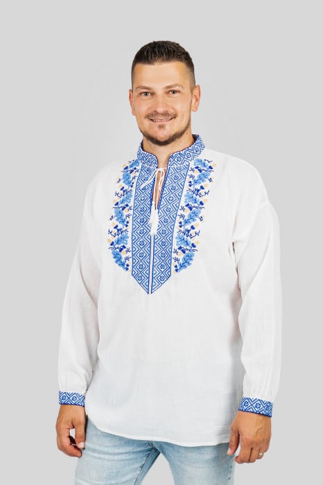 Camasa barbateasca traditionala alba cu motiv floral albastru Dominic 02