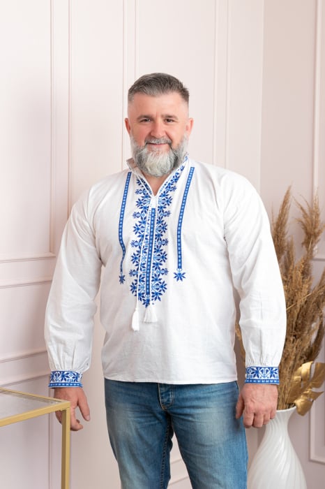 Camasa barbateasca traditionala alba cu motiv floral albastru Dragos