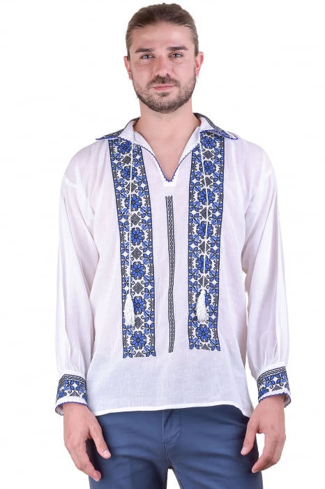 Camasa barbateasca traditionala alba cu motiv floral albastru Gabriel 03