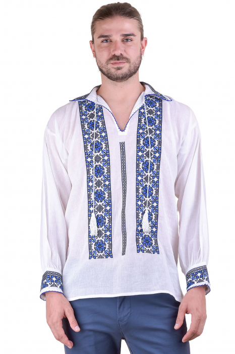 Camasa barbateasca traditionala alba cu motiv floral albastru Gabriel 03