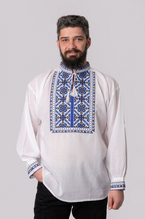 Camasa barbateasca traditionala alba cu motiv floral albastru Iosif 01