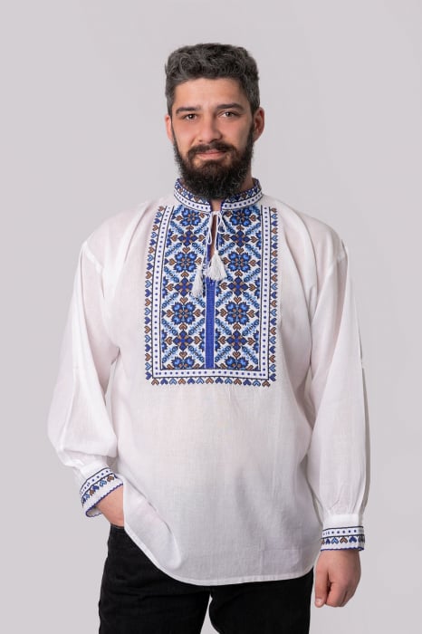Camasa barbateasca traditionala alba cu motiv floral albastru Iosif 01