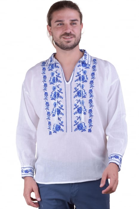 Camasa barbateasca traditionala alba cu motiv floral albastru Liviu 01