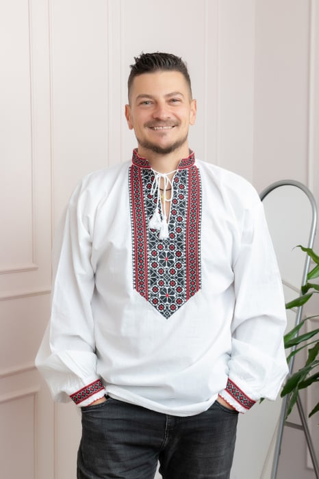 Camasa barbateasca traditionala alba cu motiv floral multicolor Camil