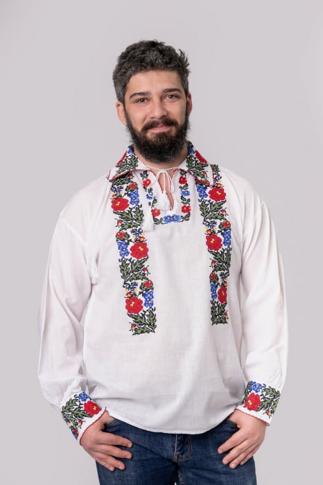 Camasa barbateasca traditionala alba cu motiv floral multicolor Dacian