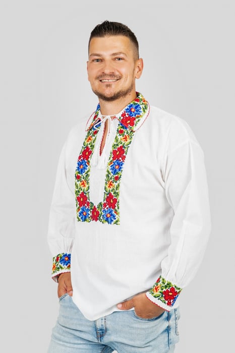 Camasa barbateasca traditionala alba cu motiv floral multicolor Florian