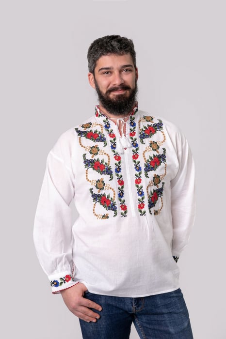 Camasa barbateasca traditionala alba cu motiv floral multicolor Narcis