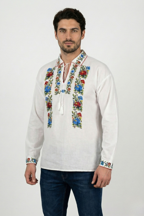 Camasa barbateasca traditionala alba cu motiv floral multicolor Sergiu