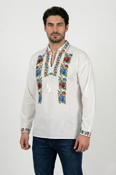 Camasa barbateasca traditionala alba cu motiv floral multicolor Sergiu