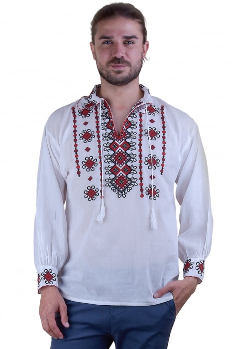 Camasa barbateasca traditionala alba cu motiv floral rosu Cristian 02