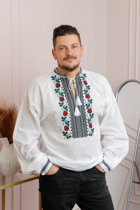 Camasa barbateasca traditionala alba cu motiv floral rosu Denis