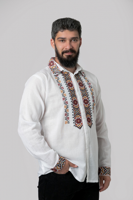 Camasa barbateasca traditionala alba cu motiv floral rosu Ioan 01