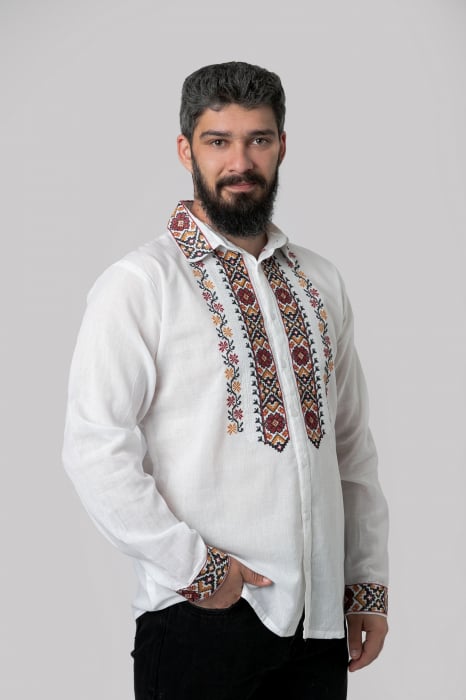 Camasa barbateasca traditionala alba cu motiv floral rosu Ioan 01