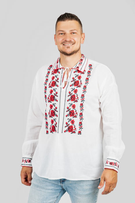 Camasa barbateasca traditionala alba cu motiv floral rosu Liviu 02