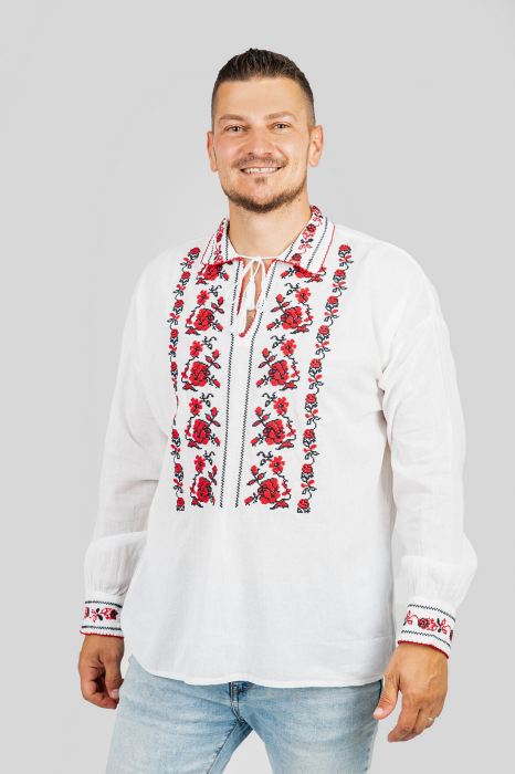 Camasa barbateasca traditionala alba cu motiv floral rosu Liviu 02