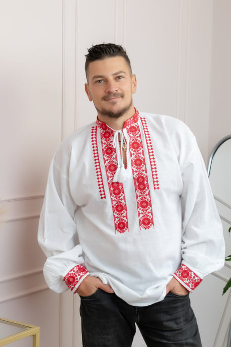Camasa barbateasca traditionala alba cu motiv floral rosu Mircea 01