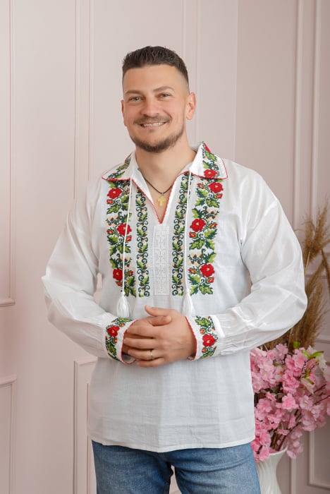 Camasa barbateasca traditionala alba cu motiv floral rosu Mugur