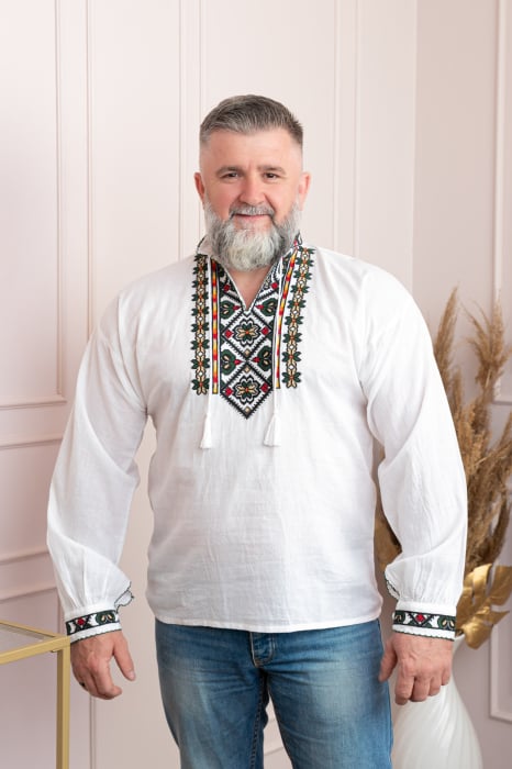 Camasa barbateasca traditionala alba cu motiv floral verde Catalin