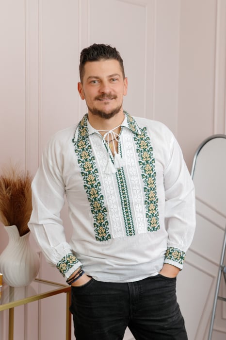 Camasa barbateasca traditionala alba cu motiv floral verde David 02