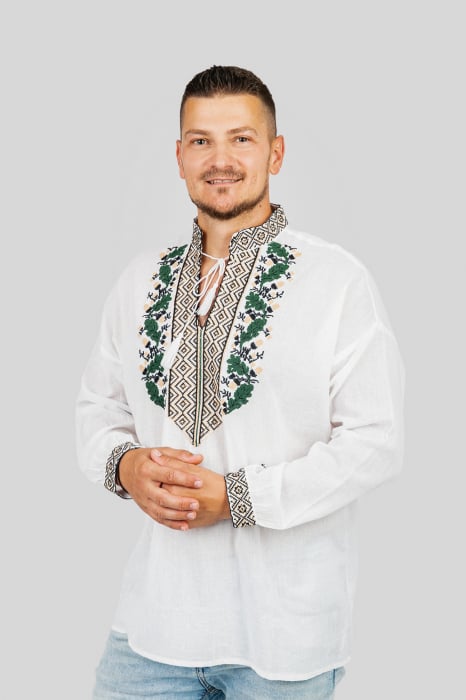 Camasa barbateasca traditionala alba cu motiv floral verde Dominic 01