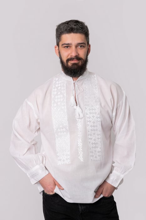 Camasa barbateasca traditionala alba cu motiv geometric alb Iacob 01