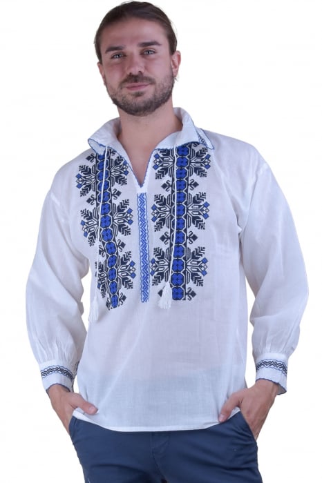 Camasa barbateasca traditionala alba cu motiv geometric albastru Alexandru 02