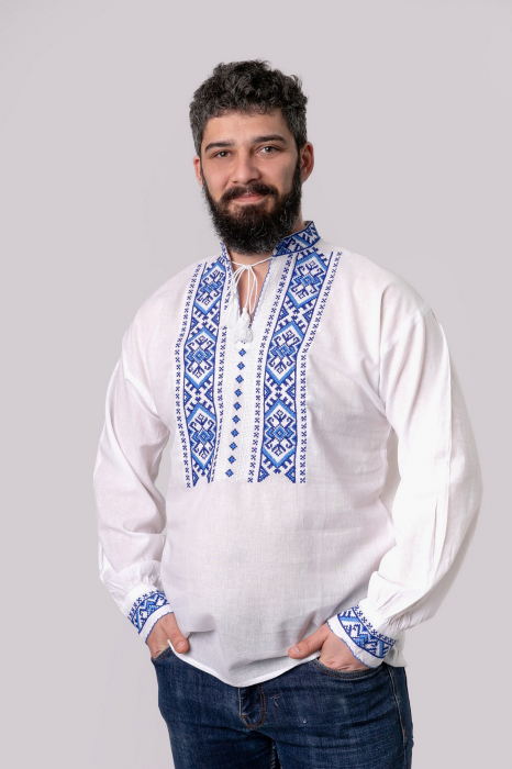 Camasa barbateasca traditionala alba cu motiv geometric albastru Carol 02
