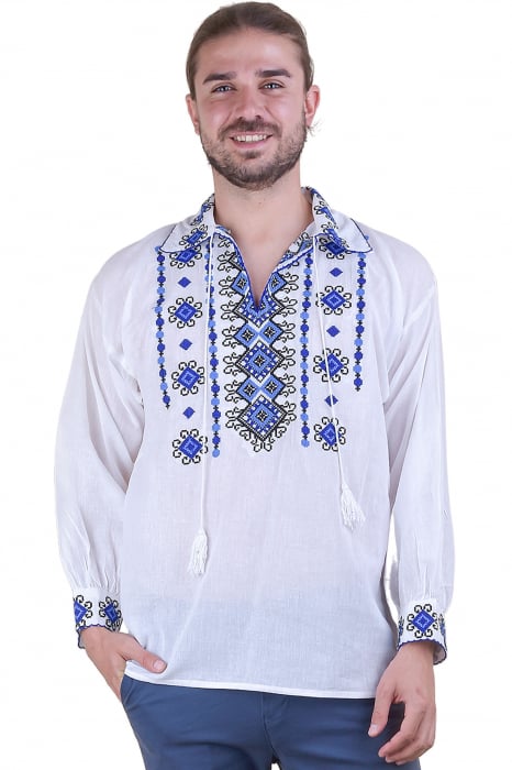 Camasa barbateasca traditionala alba cu motiv geometric albastru Cristian 01