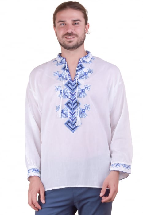 Camasa barbateasca traditionala alba cu motiv geometric albastru Eduard 01
