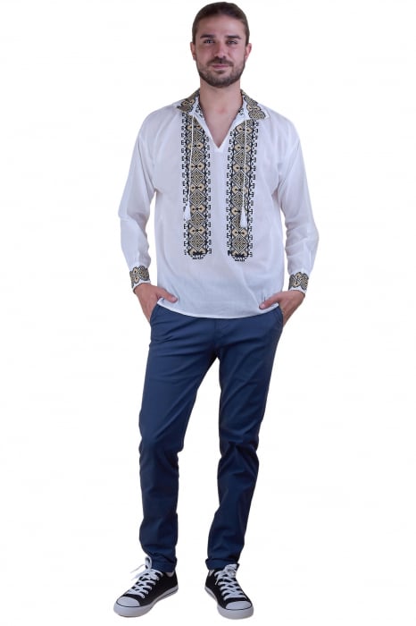 Camasa barbateasca traditionala alba cu motiv geometric crem Ionut