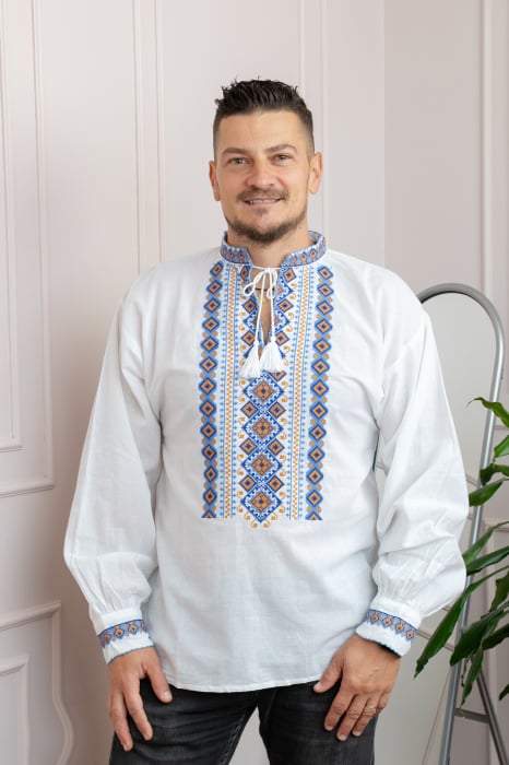 Camasa barbateasca traditionala alba cu motiv geometric multicolor Eric
