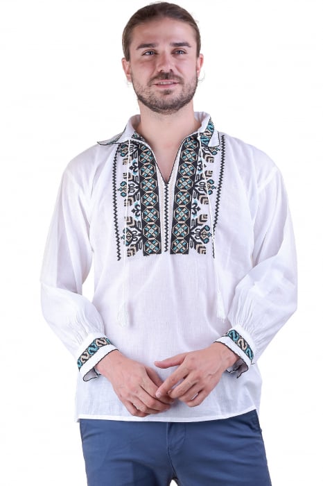 Camasa barbateasca traditionala alba cu motiv geometric multicolor Florin