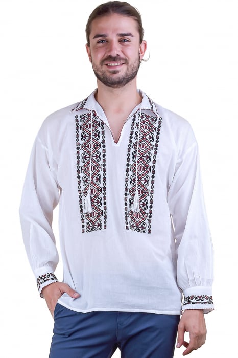 Camasa barbateasca traditionala alba cu motiv geometric multicolor Iulian 02