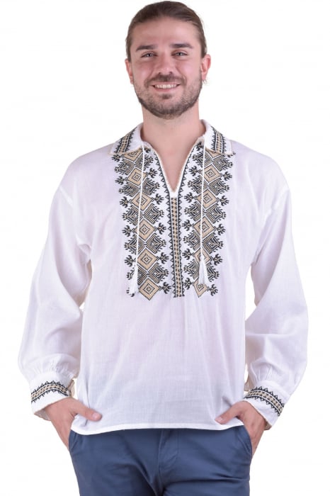 Camasa barbateasca traditionala alba cu motiv geometric multicolor Ivan 06