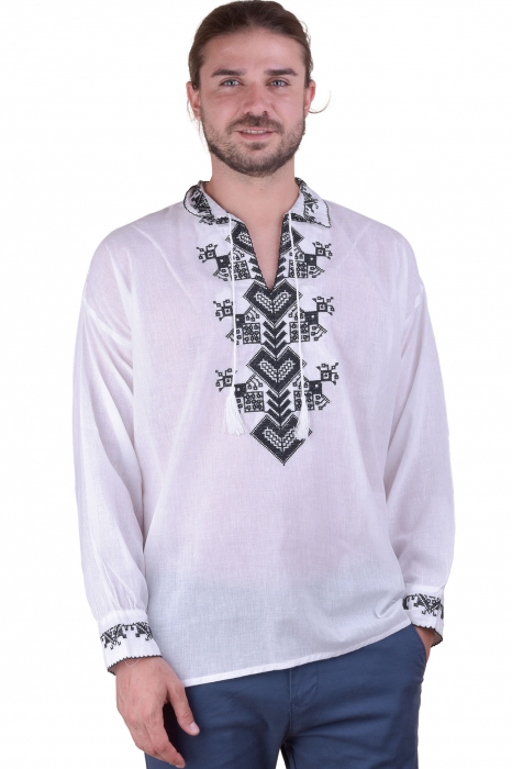 Camasa barbateasca traditionala alba cu motiv geometric negru Eduard 02