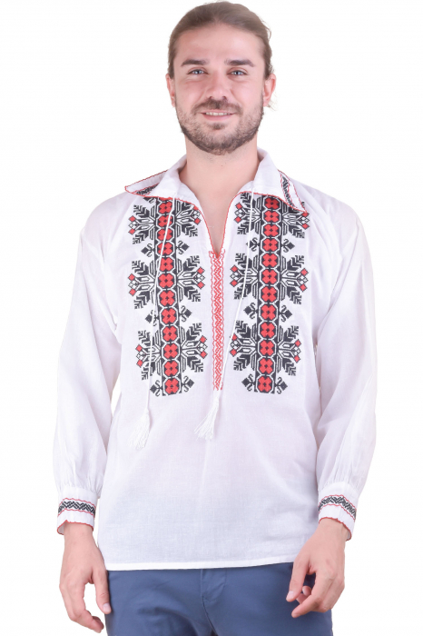 Camasa barbateasca traditionala alba cu motiv geometric rosu Alexandru 01