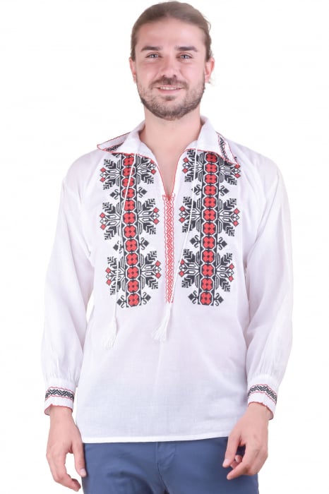 Camasa barbateasca traditionala alba cu motiv geometric rosu Alexandru 01