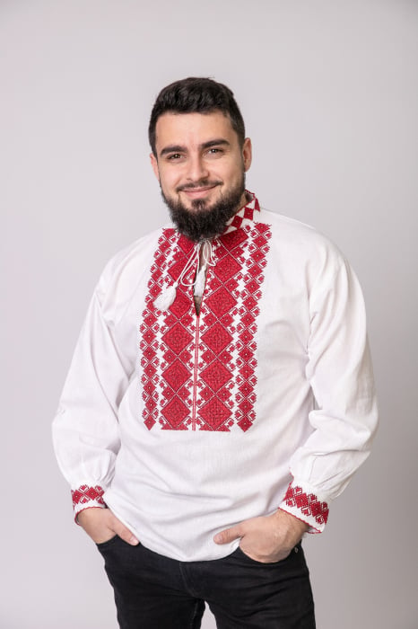 Camasa barbateasca traditionala alba cu motiv geometric rosu Calin 01
