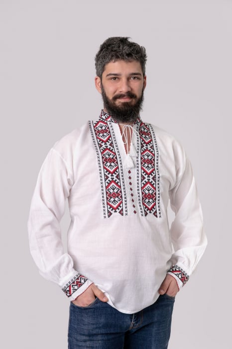 Camasa barbateasca traditionala alba cu motiv geometric rosu Carol 01