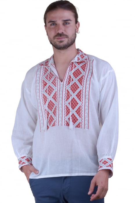Camasa barbateasca traditionala alba cu motiv geometric rosu Cosmin