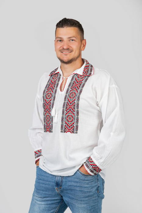 Camasa barbateasca traditionala alba cu motiv geometric rosu Dorian
