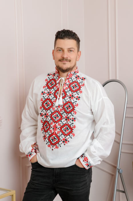 Camasa barbateasca traditionala alba cu motiv geometric rosu Dorin