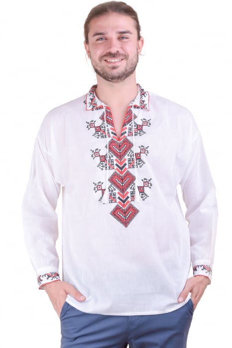 Camasa barbateasca traditionala alba cu motiv geometric rosu Eduard 03