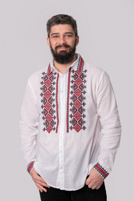 Camasa barbateasca traditionala alba cu motiv geometric rosu Ivan 04